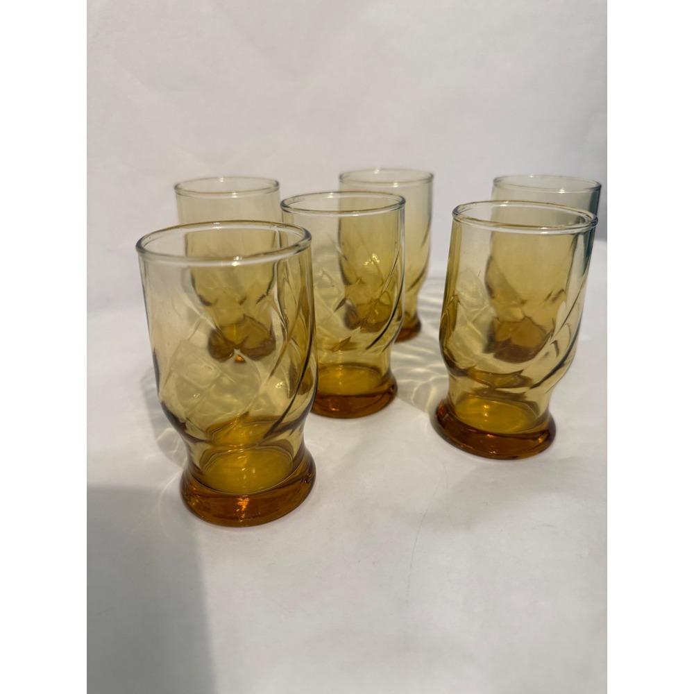 Vintage Amber Glass Swirl Juice Tumblers Set of 6 Mid Century Footed 4 Inch